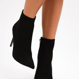 ASOS DESIGN Wide Fit Emerald High Heeled Sock Boots In Black Micro Suede Effect