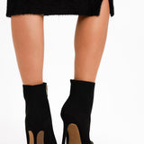 ASOS DESIGN Wide Fit Emerald High Heeled Sock Boots In Black Micro Suede Effect