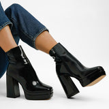 ALDO Mabel Square Toe Platform Heeled Boots In Black Patent