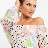 ASOS DESIGN Off The Shoulder Mini Dress With Lace Inserts In Patchwork Print