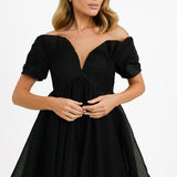 ASOS DESIGN Off Shoulder Organza Mini Dress With Ruffle Bodice Detail In Black