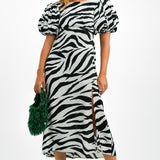 Miss Selfridge Extreme Volume Sleeve Bow Back Midi Dress In Mono Zebra