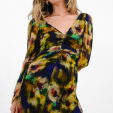 Topshop Blurred Tie Dye Floral Ruched Mini Tea Dress In Multi