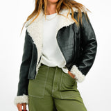 Topshop Cropped Faux Shearling Aviator Jacket With Shaggy Fur Lining In Black