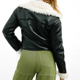 Topshop Cropped Faux Shearling Aviator Jacket With Shaggy Fur Lining In Black