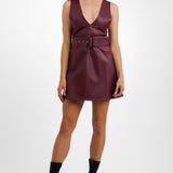 Miss Selfridge Belted Faux Leather Pinny Dress In Burgundy