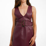 Miss Selfridge Belted Faux Leather Pinny Dress In Burgundy