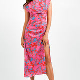 ASOS DESIGN Ruched Side Button Cap Sleeve Satin Maxi Dress In Pink Based Floral Print