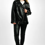 ASOS DESIGN Petite Faux Leather Croc Longline Biker Jacket In Black