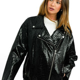 ASOS DESIGN Petite Faux Leather Croc Longline Biker Jacket In Black