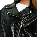 ASOS DESIGN Petite Faux Leather Croc Longline Biker Jacket In Black