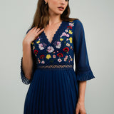 ASOS DESIGN Lace Insert Pleated Midi Dress With Embroidery In Navy