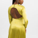 Topshop Open Back Long Sleeve Satin Occasion Maxi Dress In Chartreuse