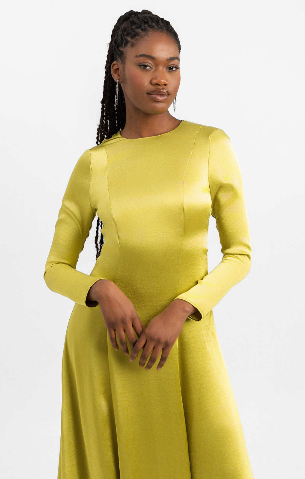 Topshop Open Back Long Sleeve Satin Occasion Maxi Dress In Chartreuse