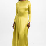 Topshop Open Back Long Sleeve Satin Occasion Maxi Dress In Chartreuse