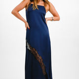 Edited Soft Satin Midi Dress With Lace Insert In Navy