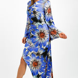 Topshop Bold Floral Ruched Long Sleeve Midi Dress In Cobalt