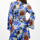 Topshop Bold Floral Ruched Long Sleeve Midi Dress In Cobalt