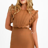 ASOS DESIGN Pin Tuck Mini Dress With Puff Sleeve & Cut Out Waist Detail In Tan