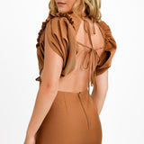 ASOS DESIGN Pin Tuck Mini Dress With Puff Sleeve & Cut Out Waist Detail In Tan