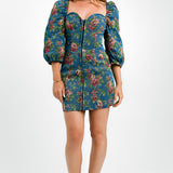 ASOS DESIGN Tapestry Corset Mini Dress With Long Sleeves In Blue Floral