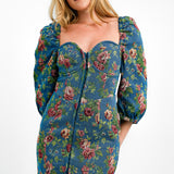 ASOS DESIGN Tapestry Corset Mini Dress With Long Sleeves In Blue Floral