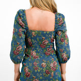 ASOS DESIGN Tapestry Corset Mini Dress With Long Sleeves In Blue Floral