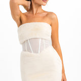 ASOS Luxe Corseted Mini Dress With Faux Fur Bust & Skirt In White