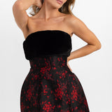 ASOS Luxe Corseted Caged Skirt Mini Dress With Faux Fur Bust In Black & Red Floral