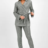 ASOS DESIGN Petite Jersey Sequin Tie Waist Blazer In Gunmetal