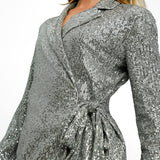 ASOS DESIGN Petite Jersey Sequin Tie Waist Blazer In Gunmetal