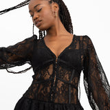 Reclaimed Vintage Inspired Long Sleeve Tie Front Lace Mini Dress In Black