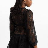 Reclaimed Vintage Inspired Long Sleeve Tie Front Lace Mini Dress In Black