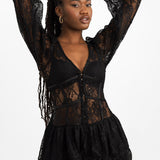 Reclaimed Vintage Inspired Long Sleeve Tie Front Lace Mini Dress In Black