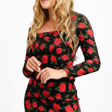 True Violet Square Neck Mini Dress In Bold Red Rose Print