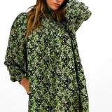 Whistles Shirred Smock Dress In Green And Pink Smudge