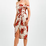 ASOS DESIGN Bardot Satin Corset Wrap Midi Dress In Rose Print