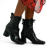 Love Moschino Lace Up Boots With Zip Back In Black Croc