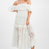 ASOS EDITION Blouson Off Shoulder Tiered Broderie Midi Dress In White