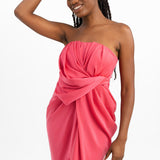 ASOS DESIGN Satin Bandeau Midi Dress With Drape Twist Detail In Hot Pink