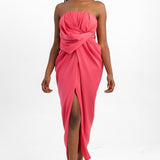 ASOS DESIGN Satin Bandeau Midi Dress With Drape Twist Detail In Hot Pink