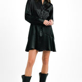 Topshop Tall Satin Tie Mini Shirtdress In Black