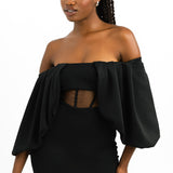 ASOS DESIGN Off Shoulder Draped Sleeves Corset Mesh Insert Midi Dress In Black