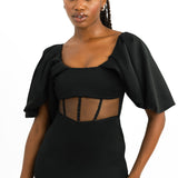 ASOS DESIGN Off Shoulder Draped Sleeves Corset Mesh Insert Midi Dress In Black