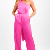 Forever New Tie Neck Jumpsuit In Pink Satin