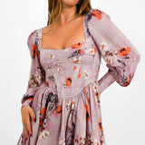 Bardot Long Sleeve Corset Mini Dress In Purple Floral