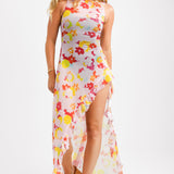 Annorlunda Blurred Acid Floral Print Sheer Chiffon Maxi Dress In Pale Pink