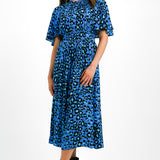 Whistles Flutter Sleeve Midi Dress In Midnight Leopard Print