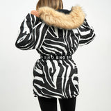 Topshop Sno Ski Coat With Belt And Fur Trim Hood In Zebra Print