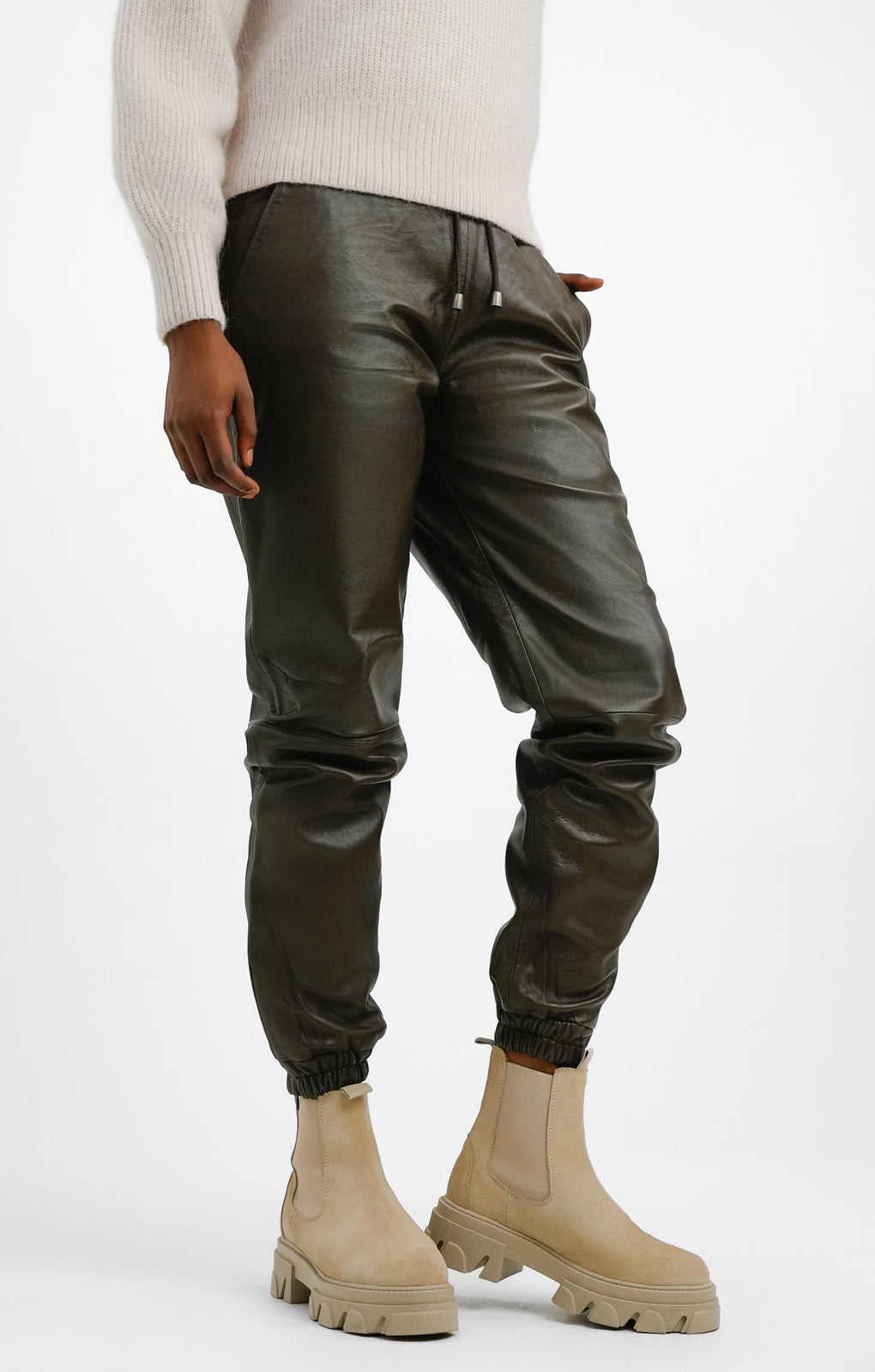 Brown leather joggers on sale